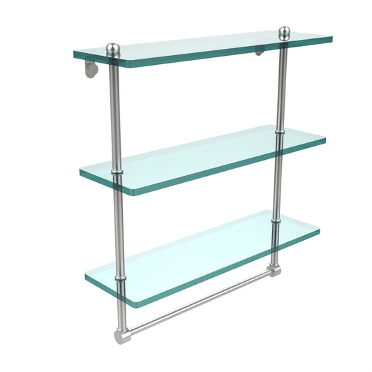 PR-5/16TB-SCH 16 Inch Triple Tiered Glass Shelf with Integrated Towel Bar, Satin Chrome