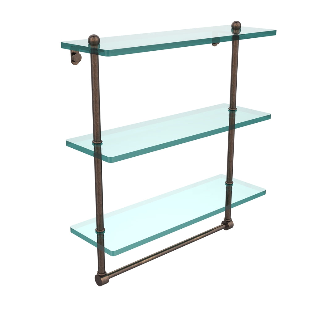 PR-5/16TB-VB 16 Inch Triple Tiered Glass Shelf with Integrated Towel Bar, Venetian Bronze