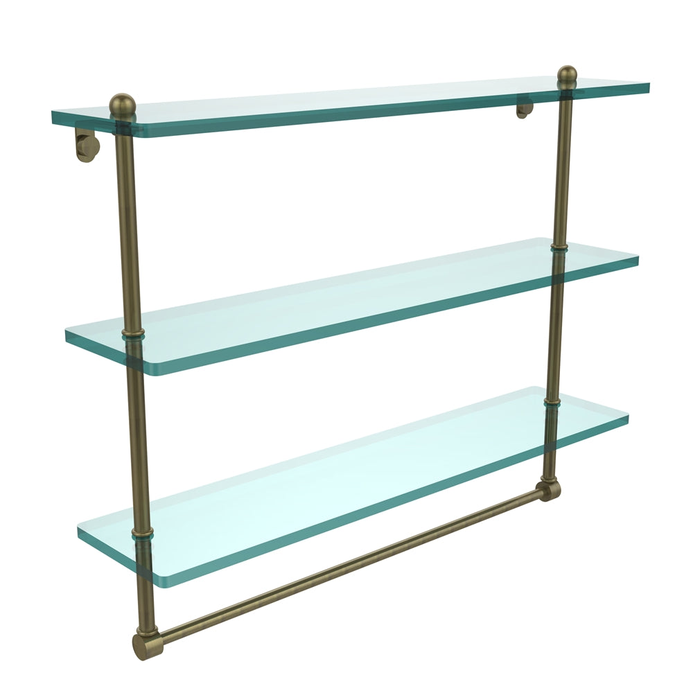 PR-5/22TB-ABR 22 Inch Triple Tiered Glass Shelf with Integrated Towel Bar, Antique Brass