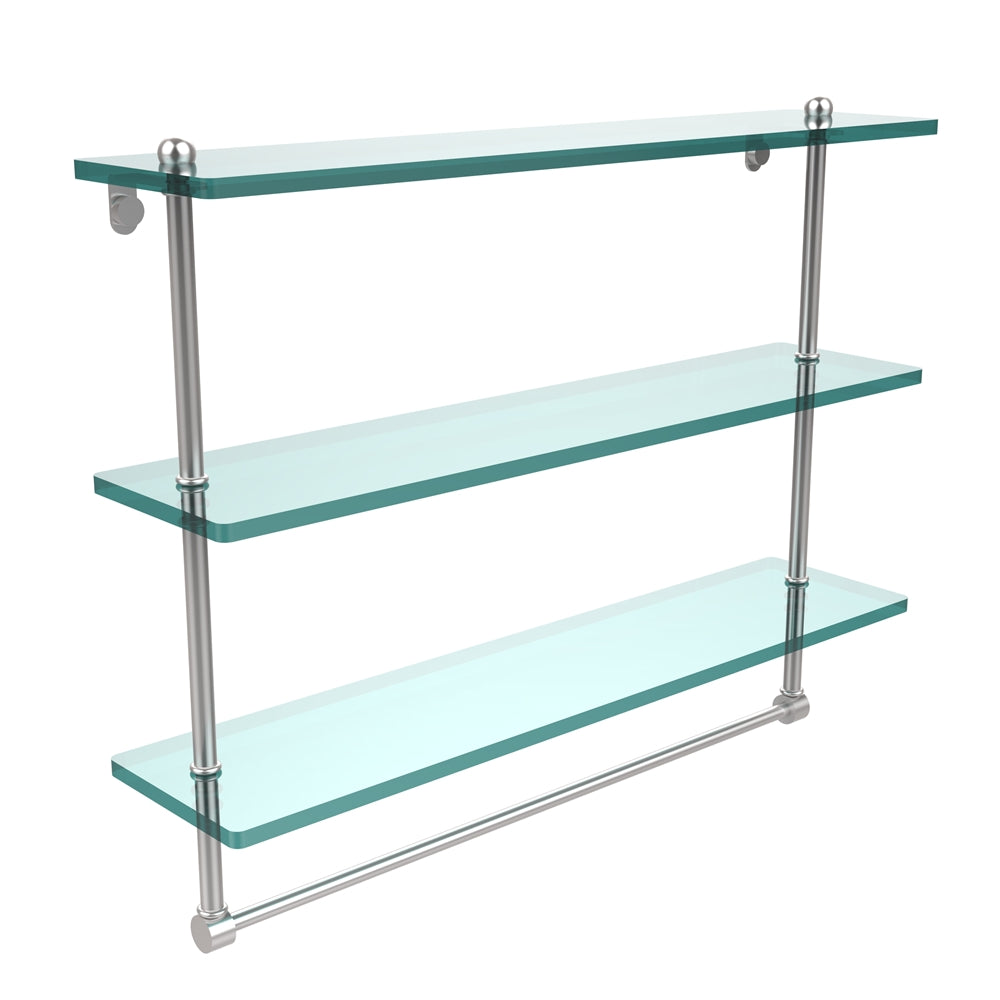 PR-5/22TB-SCH 22 Inch Triple Tiered Glass Shelf with Integrated Towel Bar, Satin Chrome