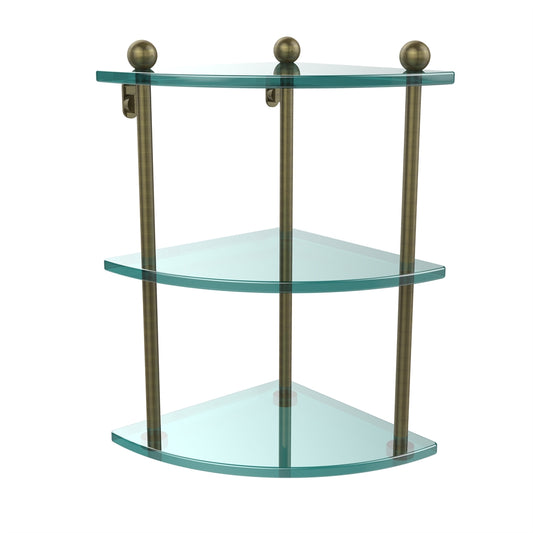 PR-6-ABR Three Tier Corner Glass Shelf, Antique Brass