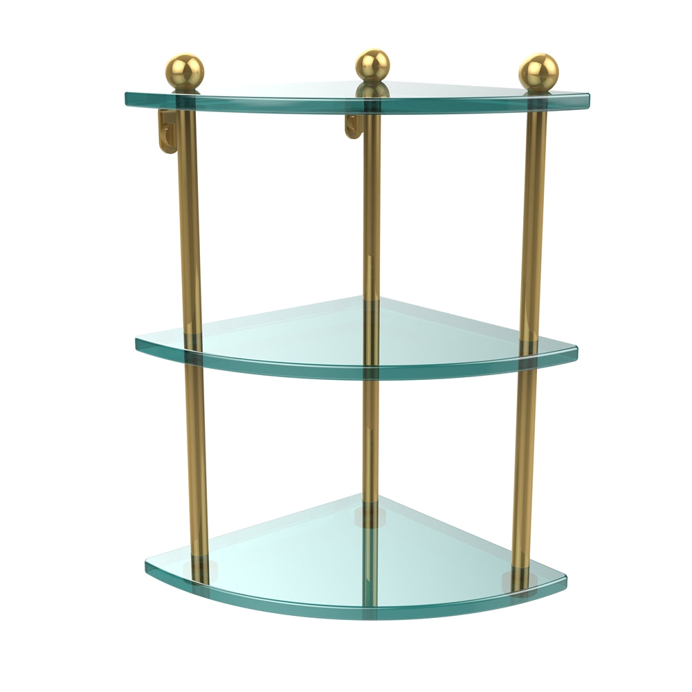 PR-6-PB Three Tier Corner Glass Shelf, Polished Brass