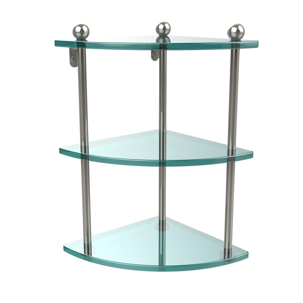 PR-6-PNI Three Tier Corner Glass Shelf, Polished Nickel