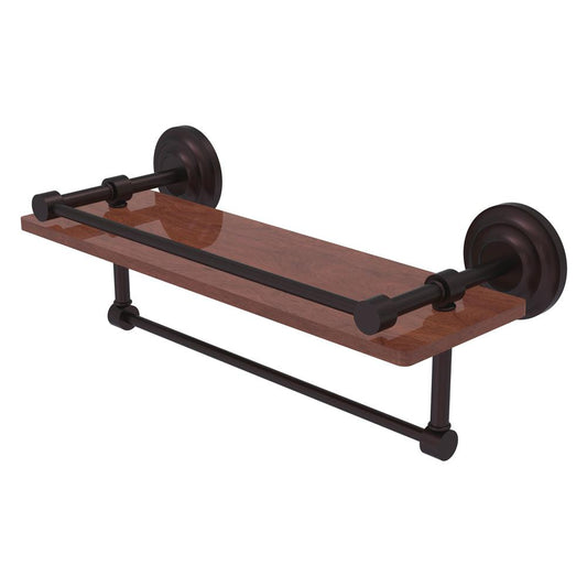 QN-1TB-16-GAL-IRW-ABZ Que New Collection 16 Inch IPE Ironwood Shelf with Gallery Rail and Towel Bar, Antique Bronze