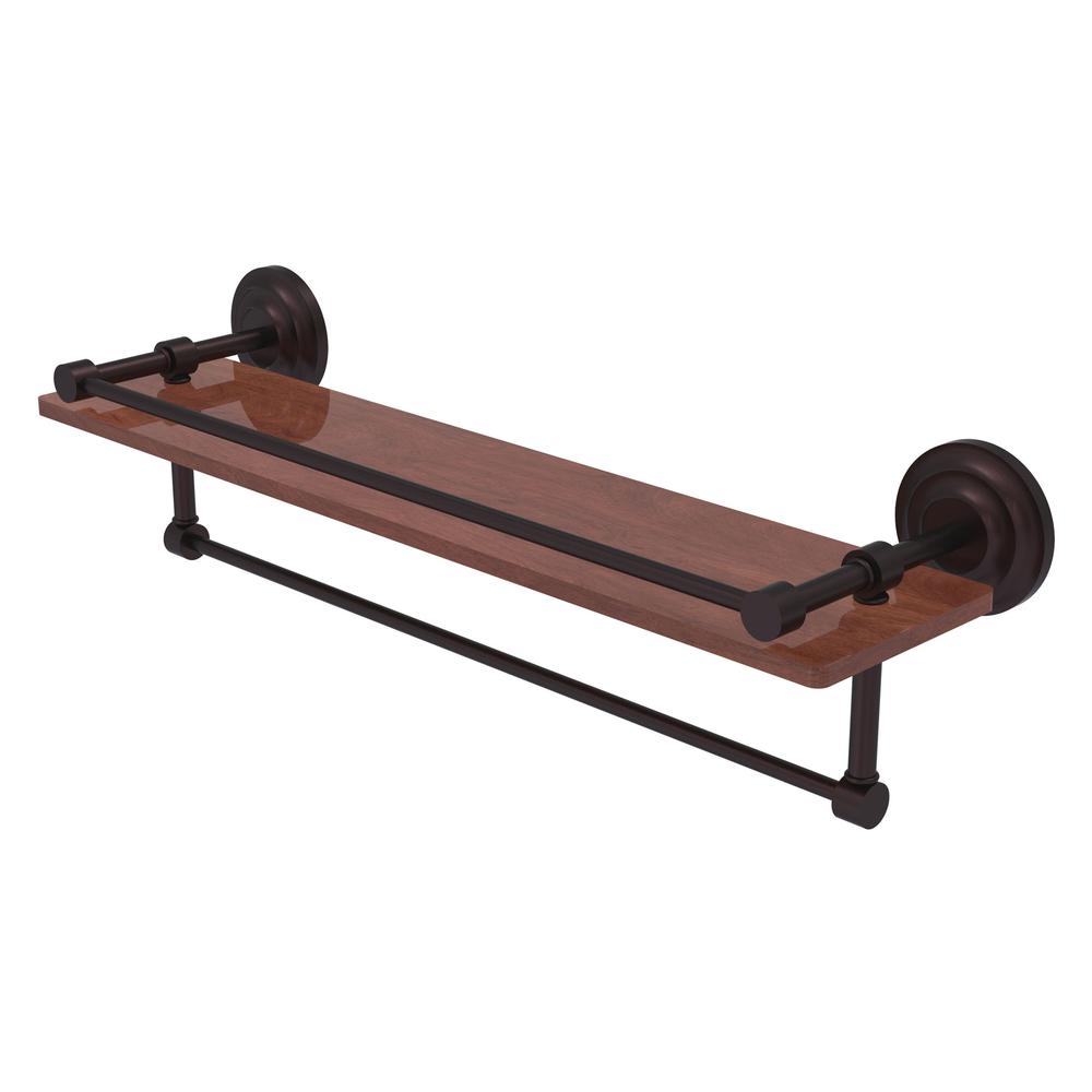 QN-1TB-22-GAL-IRW-ABZ Que New Collection 22 Inch IPE Ironwood Shelf with Gallery Rail and Towel Bar, Antique Bronze