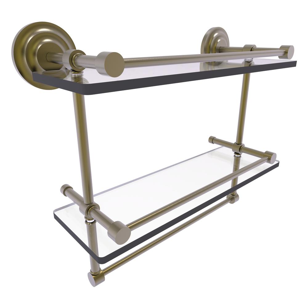 QN-2TB/16-GAL-ABR 16 Inch Gallery Double Glass Shelf with Towel Bar, Antique Brass