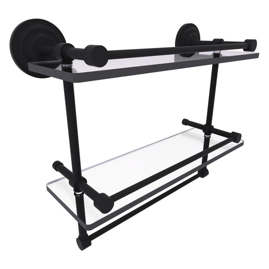 QN-2TB/16-GAL-BKM 16 Inch Gallery Double Glass Shelf with Towel Bar, Matte Black