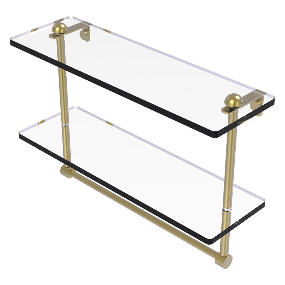 RC-2/16TB-SBR 16 Inch Two Tiered Glass Shelf with Integrated Towel Bar, Satin Brass