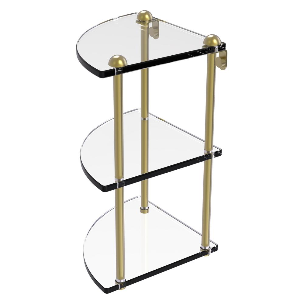 RC-6-SBR Three Tier Corner Glass Shelf, Satin Brass