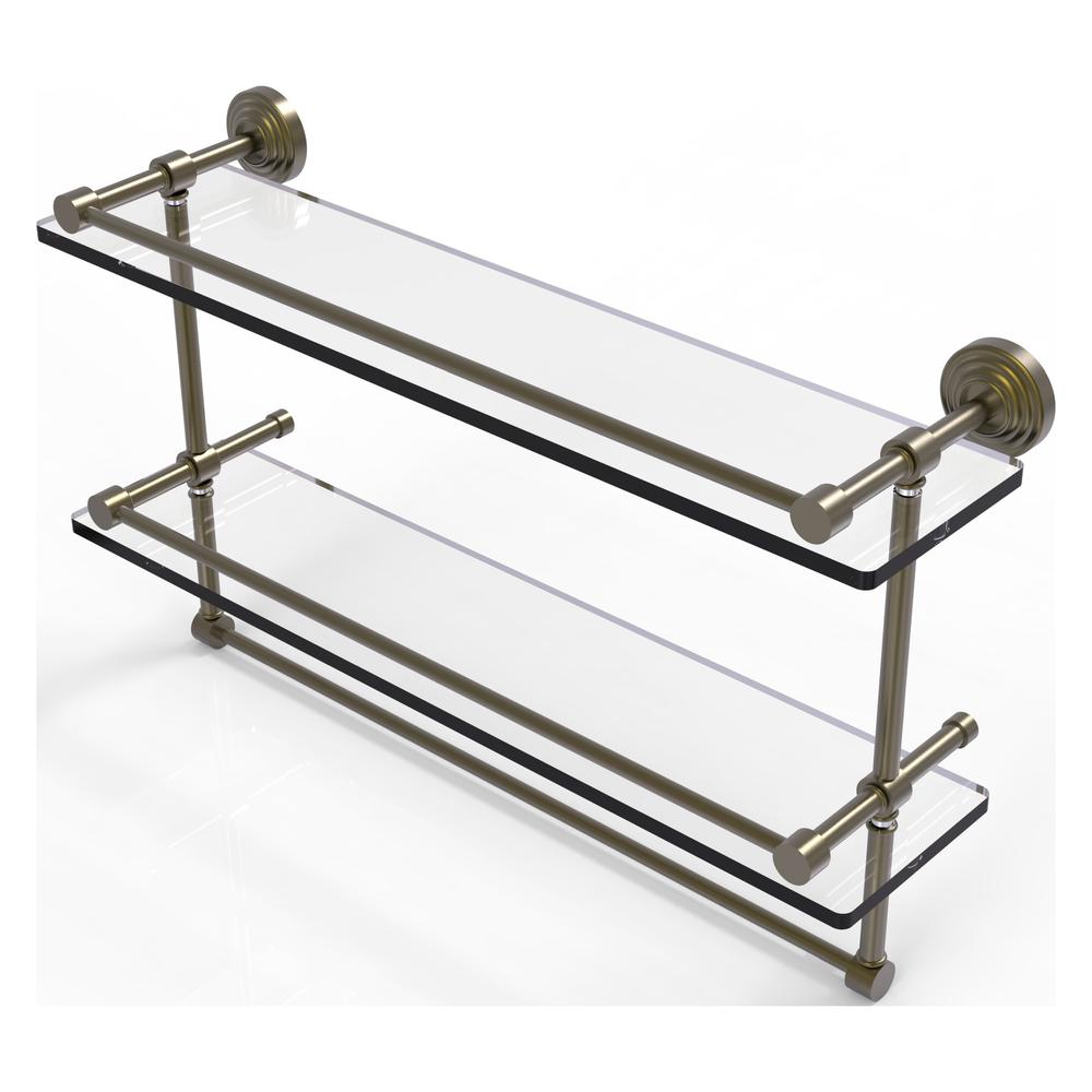 WP-2TB/22-GAL-ABR 22 Inch Gallery Double Glass Shelf with Towel Bar, Antique Brass