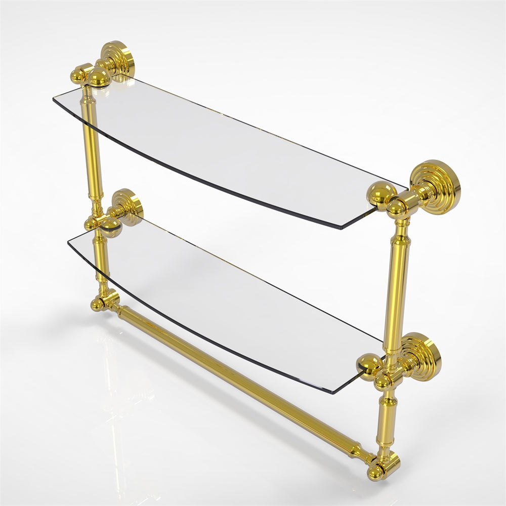 WP-34TB/18-UNL Waverly Place Collection 18 Inch Two Tiered Glass Shelf with Integrated Towel Bar, Unlacquered Brass