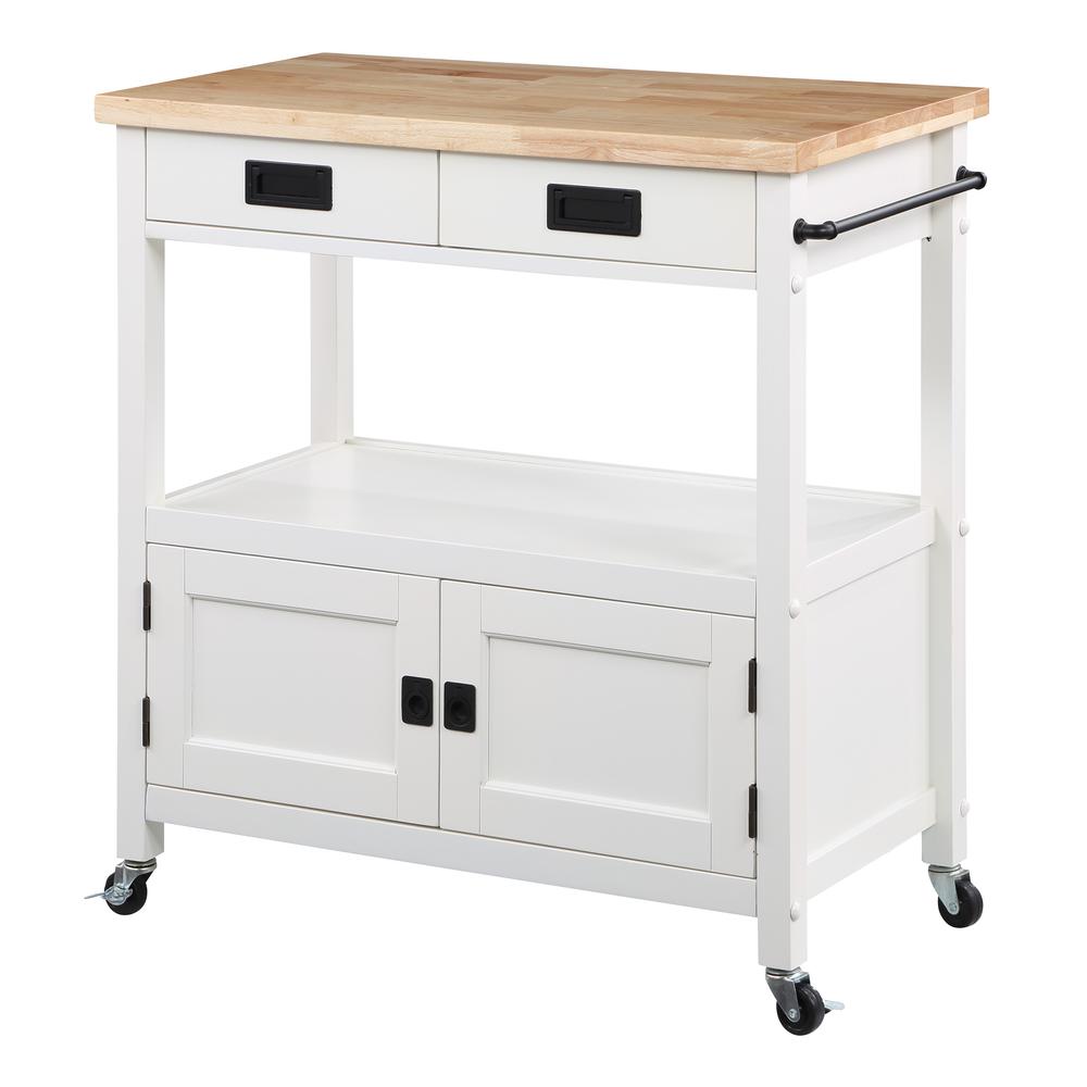 OS Home and Office Furniture Model RADW-11 Radford White Kitchen Cart with Solid Rubberwood Top