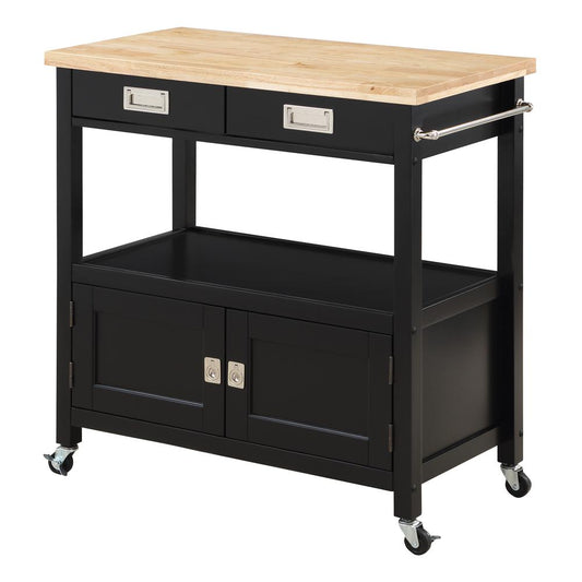 OS Home and Office Furniture Model RADW-3 Radford Black Kitchen Cart with Solid Rubberwood Top