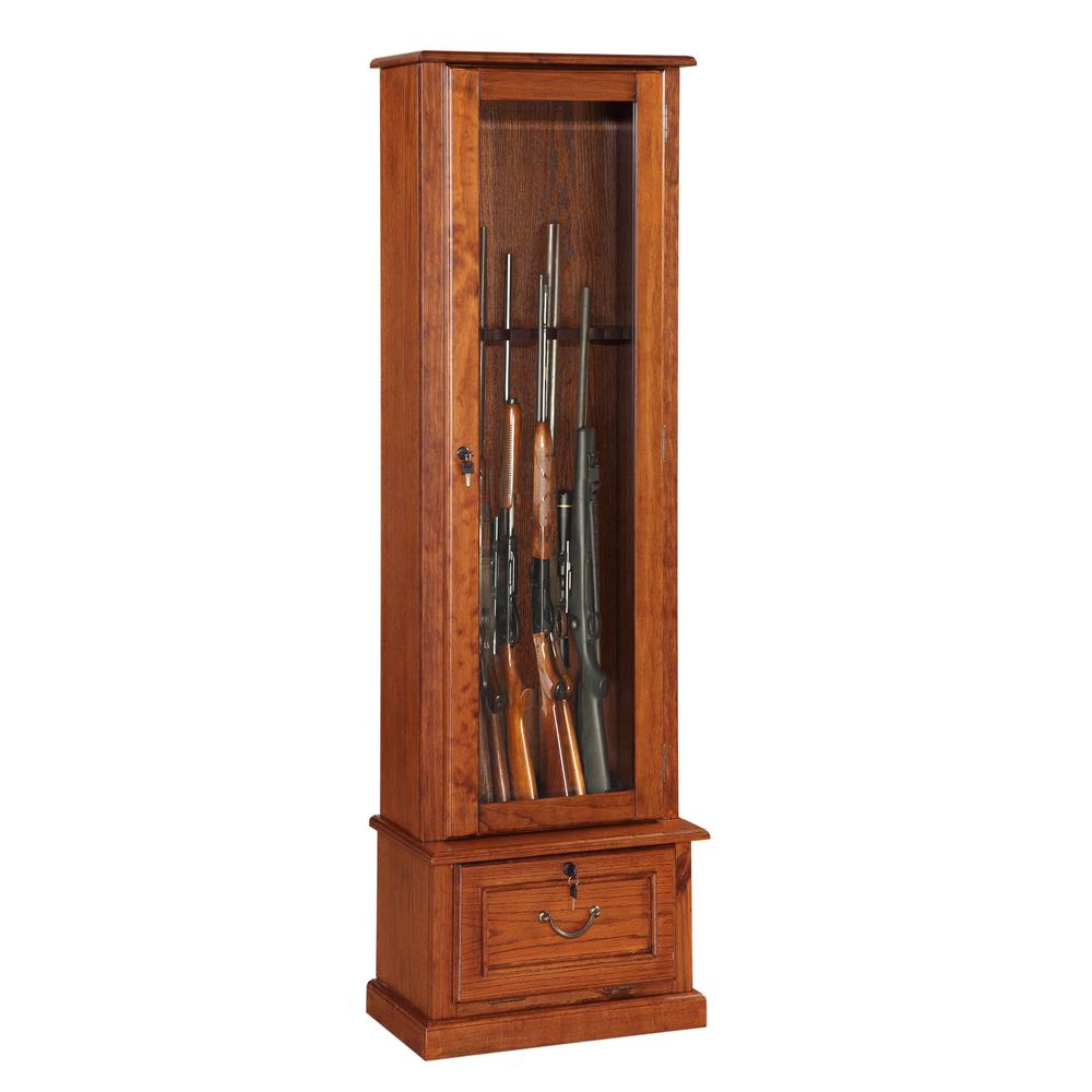 600, 8 Gun Cabinet with locking tempered glass door and locking drop down door.