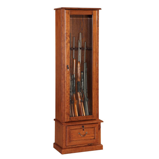 600, 8 Gun Cabinet with locking tempered glass door and locking drop down door.