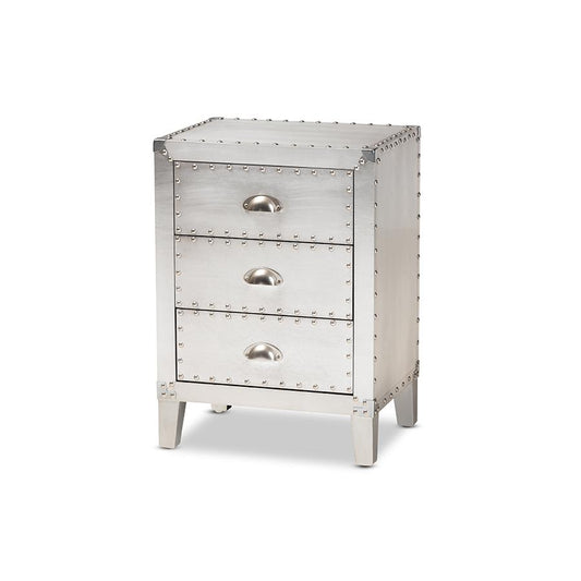 Baxton Studio Claude French Industrial Silver Metal 3-Drawer Nightstand