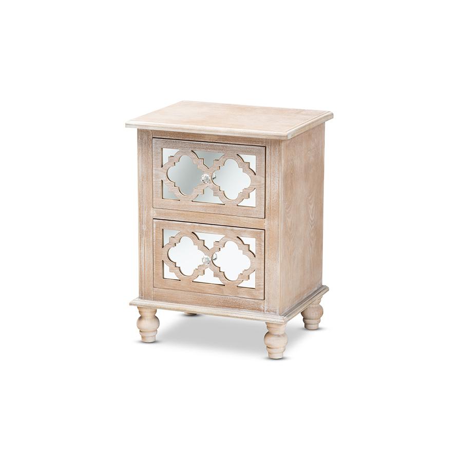 Celia Transitional Rustic French Country White-Washed Wood and Mirror 2-Drawer Quatrefoil Nightstand