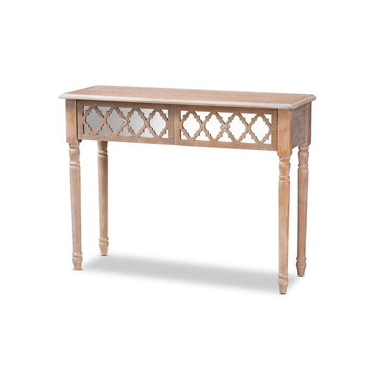 Rustic White-Washed Wood and Mirror 2-Drawer Quatrefoil Console Table