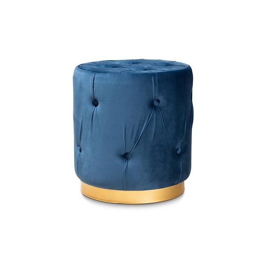 Baxton Studio Gaia Glam and Luxe Navy Blue Velvet Fabric Upholstered Gold Finished Button Tufted Ottoman