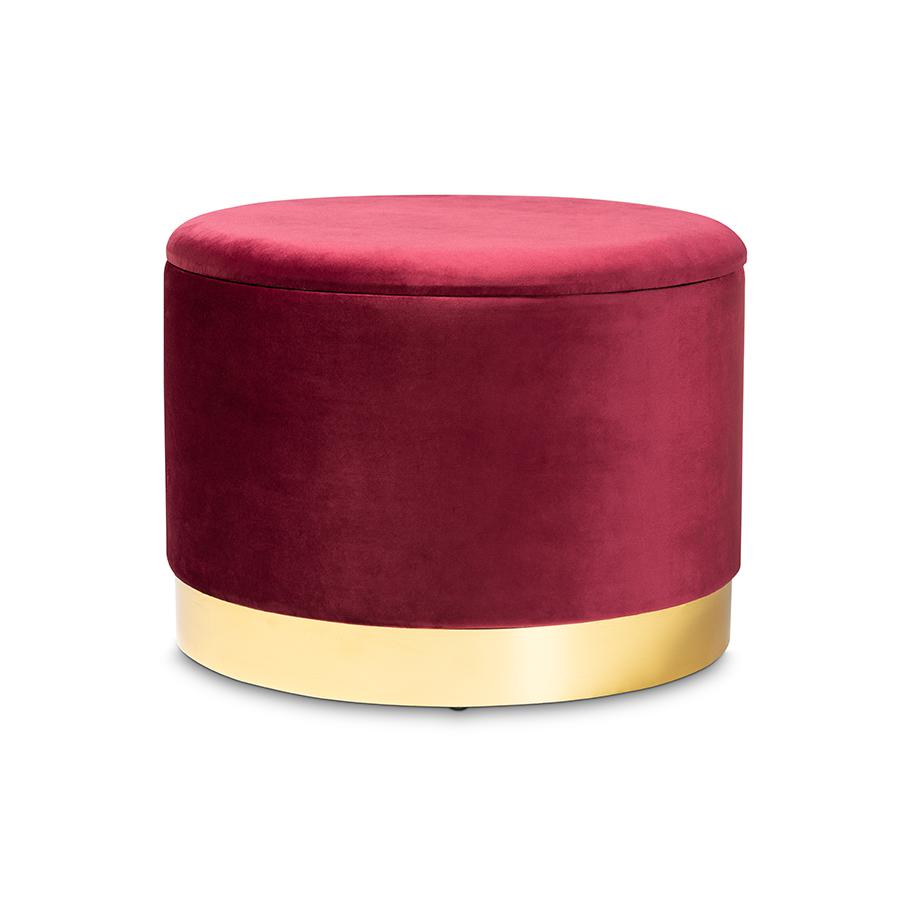 Marisa Glam and Luxe Red Velvet Fabric Upholstered Gold Finished Storage Ottoman