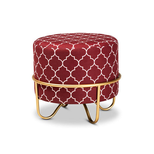 Luxe Red Quatrefoil Velvet Fabric Upholstered Gold Finished Metal Ottoman