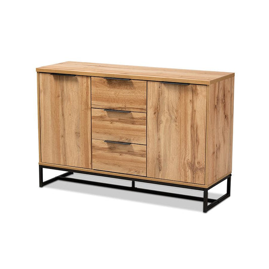 Industrial Oak Finished Wood and Black Metal 3-Drawer Sideboard Buffet