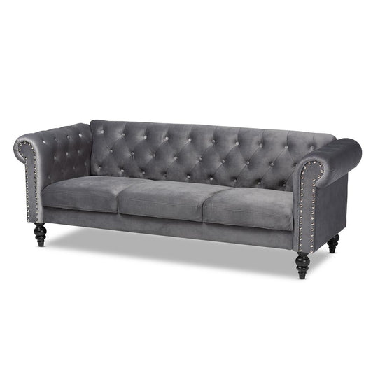 Baxton Studio Emma Traditional and Transitional Grey Velvet Fabric Upholstered and Button Tufted Chesterfield Sofa