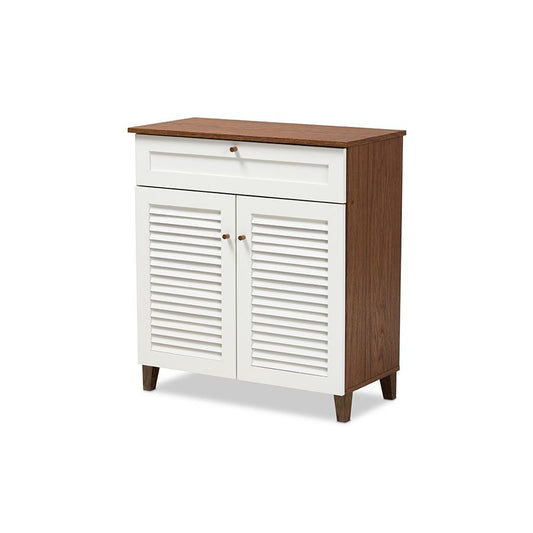 White and Walnut Finished 4-Shelf Wood Shoe Storage Cabinet with Drawer