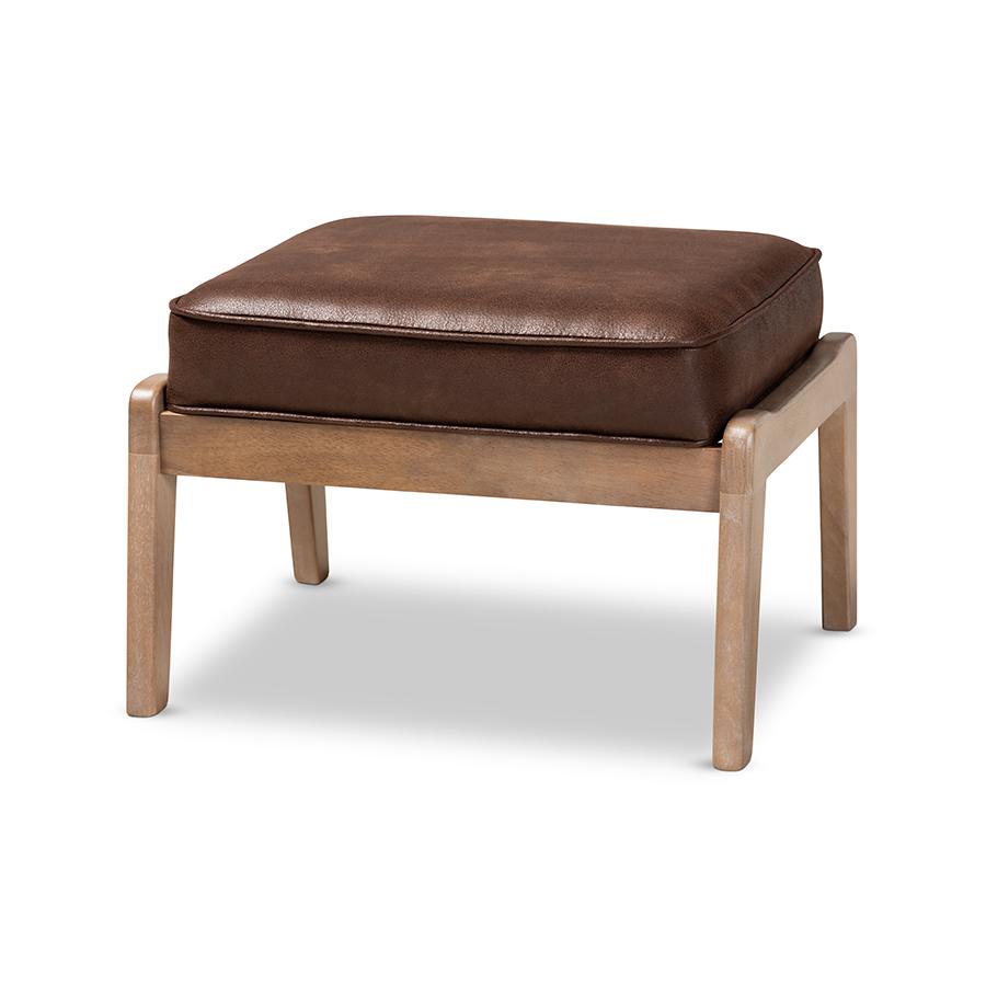 Leather Effect Fabric Upholstered Antique Oak Finished Wood Ottoman