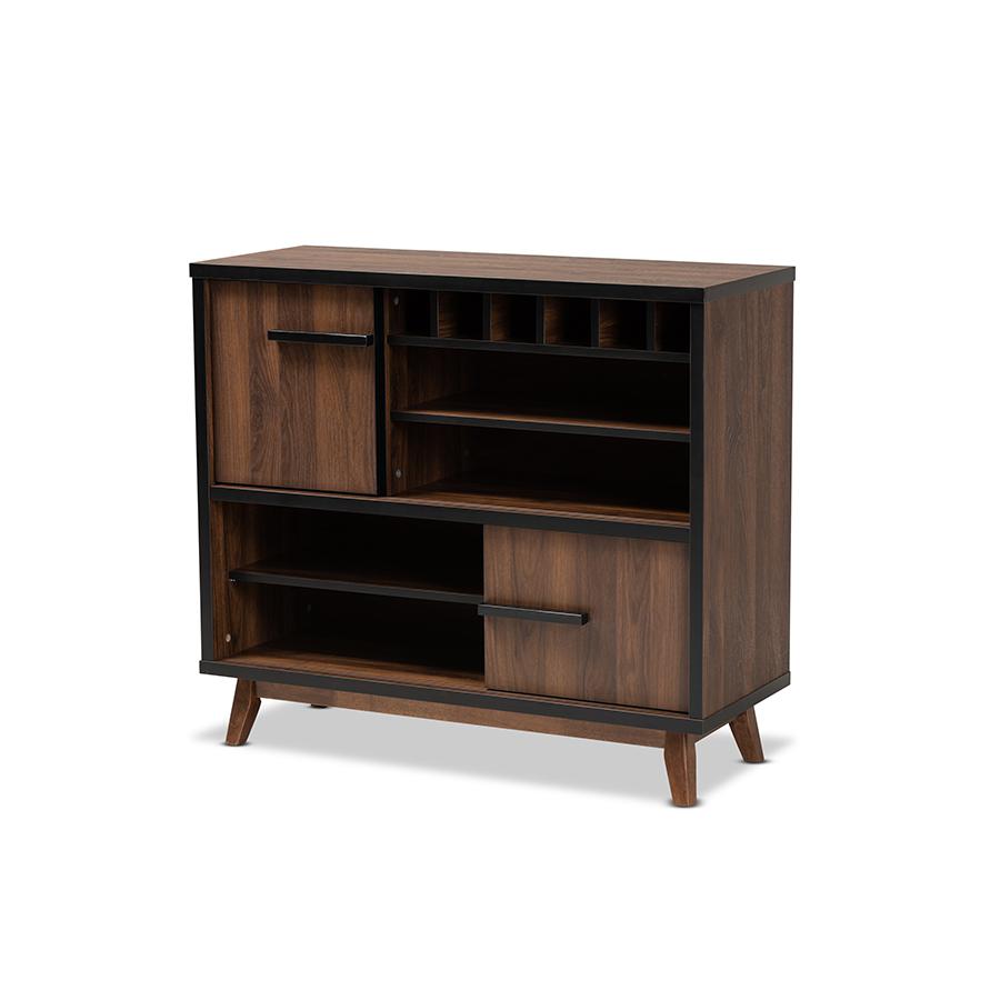 Two-Tone Walnut Brown and Black Finished Wood Wine Storage Cabinet