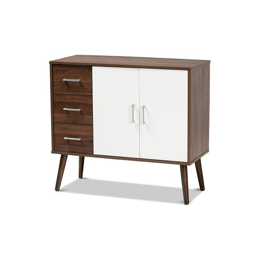 Two-Tone White and Walnut Brown Finished Wood 3-Drawer Sideboard Buffet