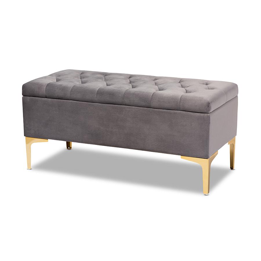 Luxe Grey Velvet Fabric Upholstered Gold Finished Button Tufted Storage Ottoman