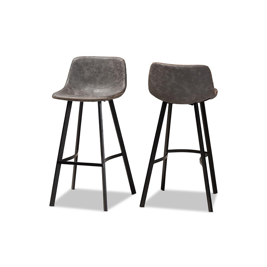 Leather Upholstered Black Finished 2-Piece Metal Bar Stool Set