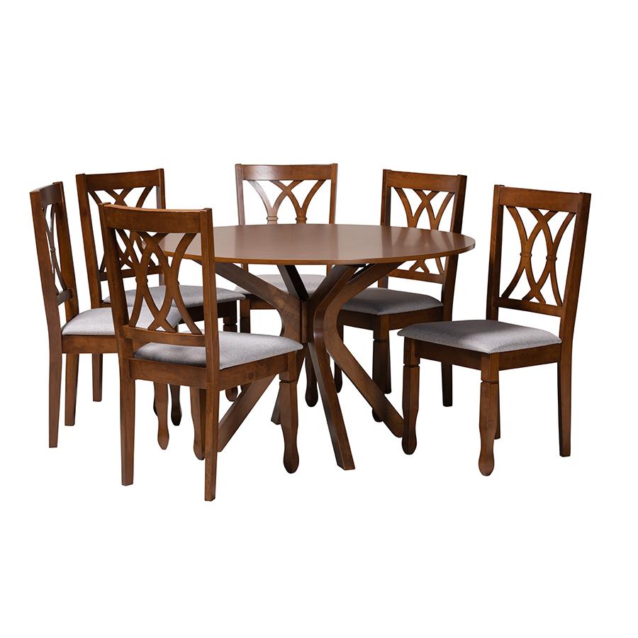 Maya Modern Grey Fabric and Walnut Brown Finished Wood 7-Piece Dining Set