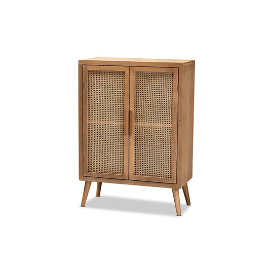 Medium Oak Finished Wood and Rattan 2-Door Accent Storage Cabinet