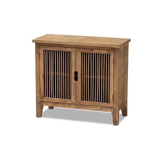 Transitional Medium Oak Finished 2-Door Wood Spindle Accent Storage Cabinet