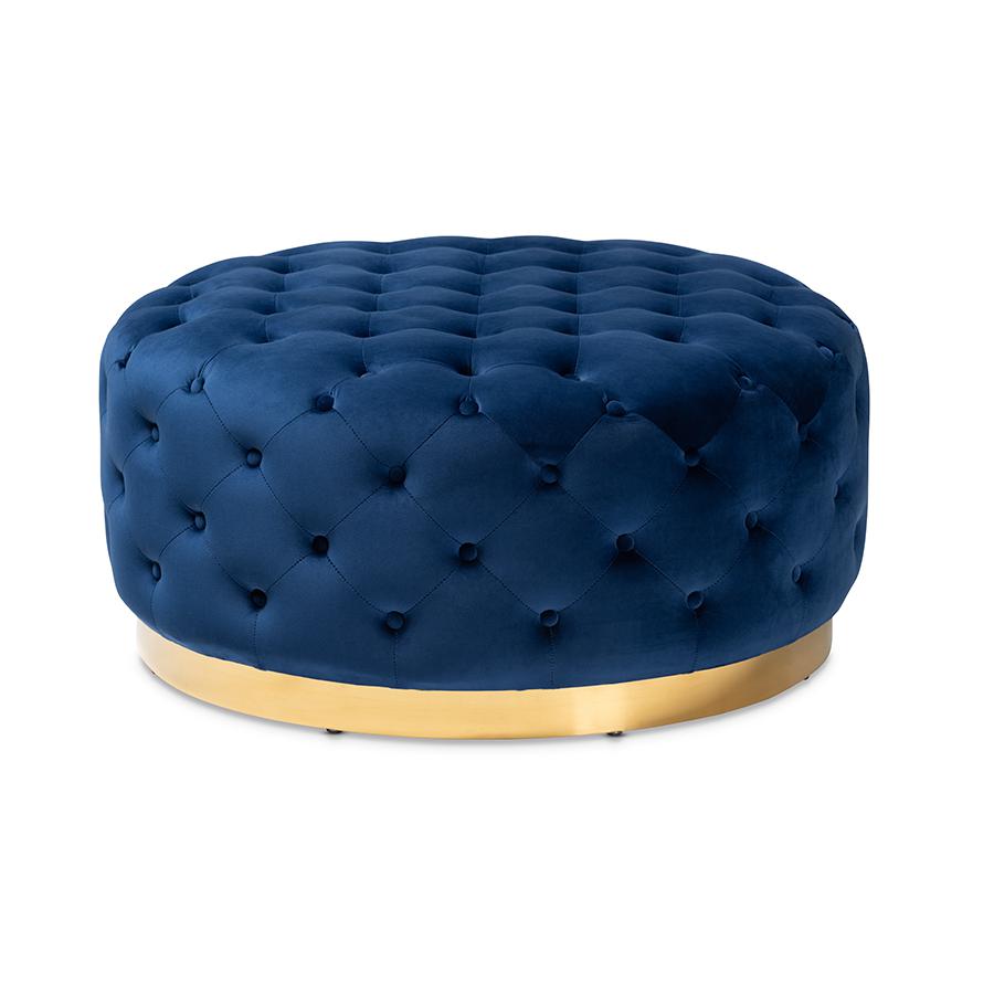 Luxe Royal Blue Velvet Fabric Upholstered Gold Finished Round Cocktail Ottoman