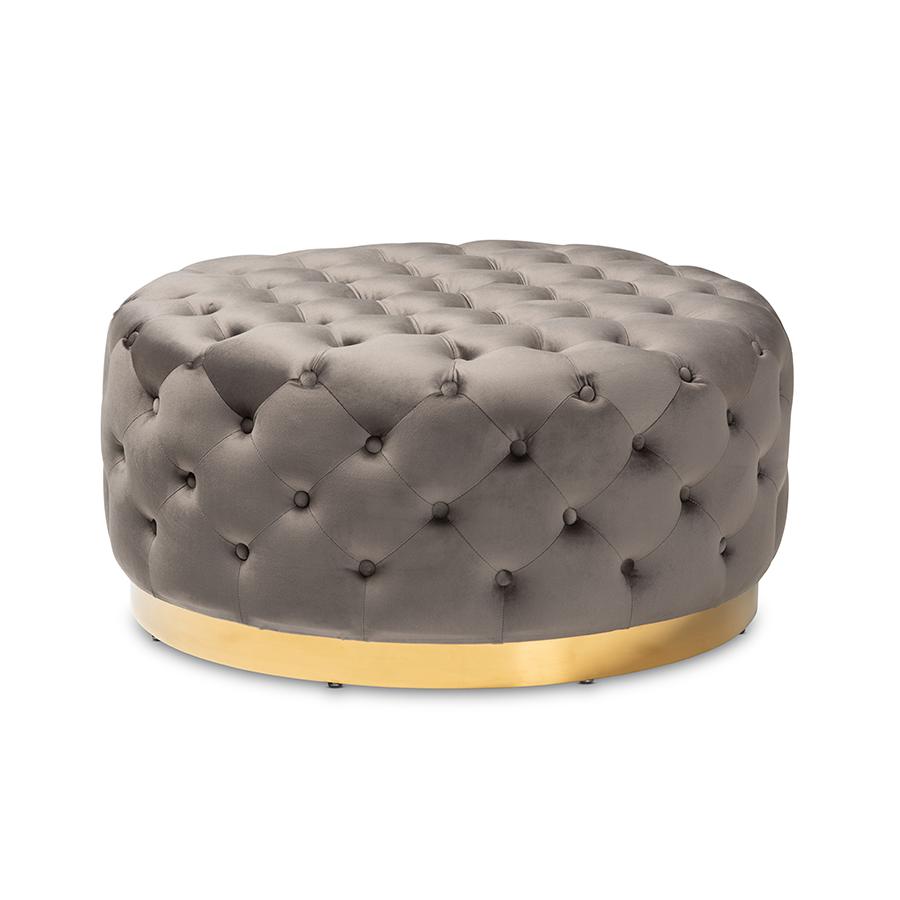 Luxe Grey Velvet Fabric Upholstered Gold Finished Round Cocktail Ottoman