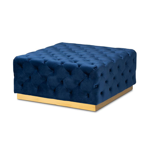 Luxe Royal Blue Velvet Fabric Upholstered Gold Finished Square Cocktail Ottoman