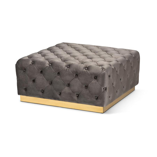 Luxe Grey Velvet Fabric Upholstered Gold Finished Square Cocktail Ottoman