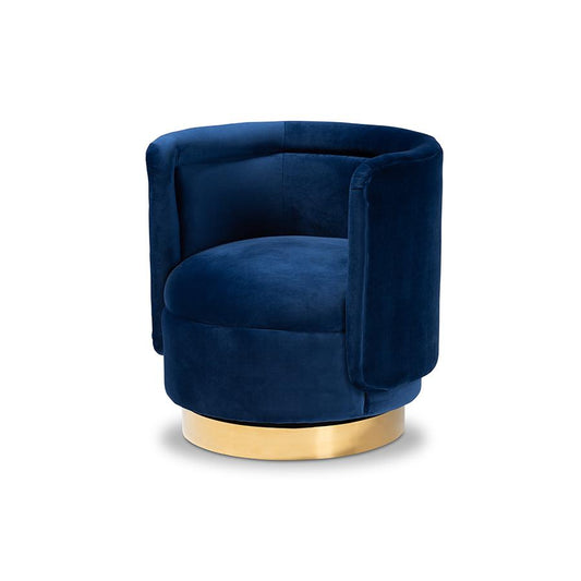 Luxe Royal Blue Velvet Fabric Upholstered Gold Finished Swivel Accent Chair