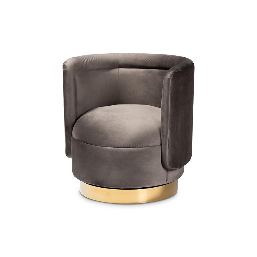 Luxe Grey Velvet Fabric Upholstered Gold Finished Swivel Accent Chair