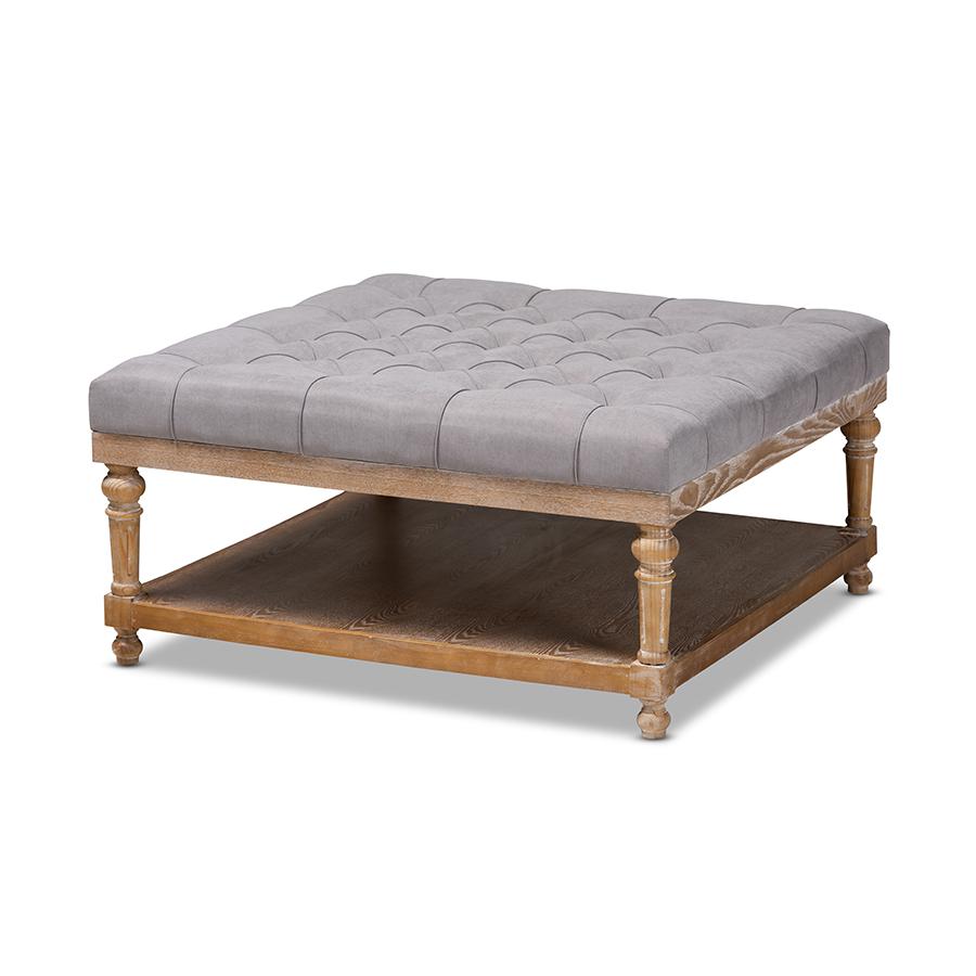 and Rustic Grey Linen Fabric Upholstered and Greywashed Wood Cocktail Ottoman