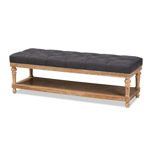 and Rustic Charcoal Linen Fabric Upholstered and Greywashed Wood Storage Bench