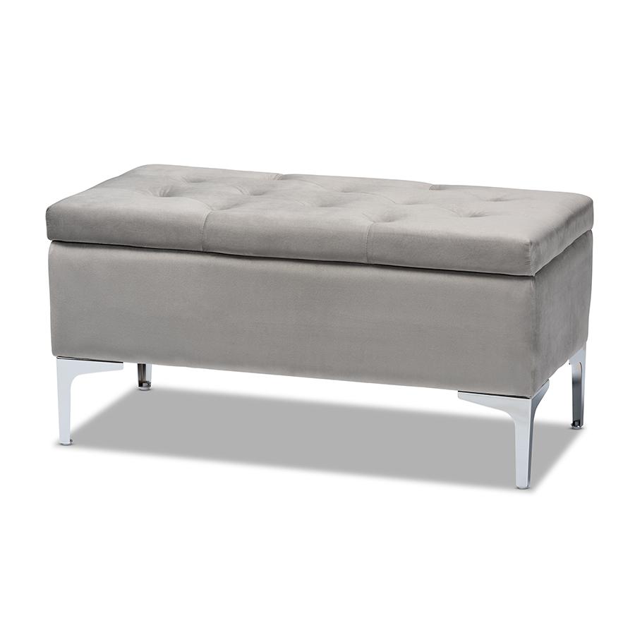 Transitional Grey Velvet Fabric Upholstered Silver Finished Storage Ottoman