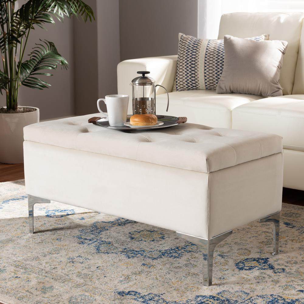 Mabel Modern and Contemporary Transitional Beige Velvet Fabric Upholstered Silver Finished Storage Ottoman