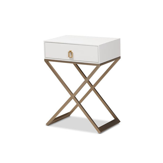 Baxton Studio Patricia Modern and Contemporary White Finished Wood and Powder Coated Brass Effect Metal 1-Drawer Nightstand