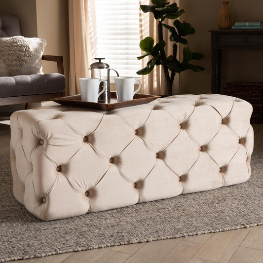 Jasmine Modern Contemporary Glam and Luxe Beige Velvet Fabric Upholstered Button Tufted Bench Ottoman