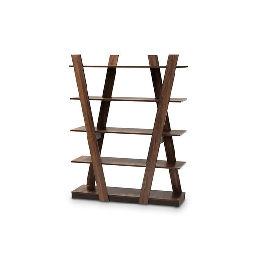 Walnut Brown Finished 5-Tier Wood Geometric Living Room Display Shelf