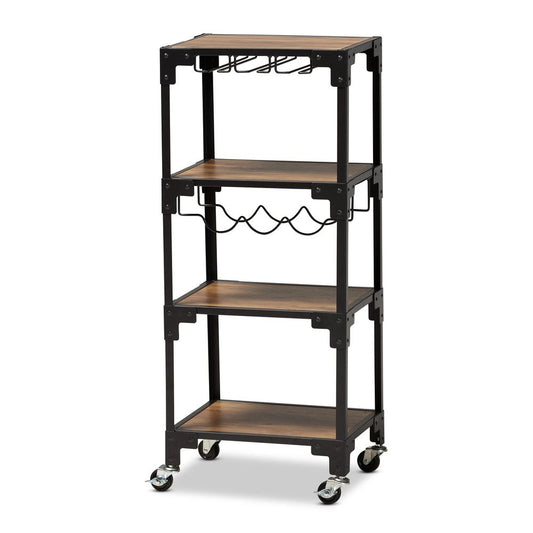 Industrial Rustic Walnut Finished Wood and Black Metal 4Tier Mobile Wine Cart